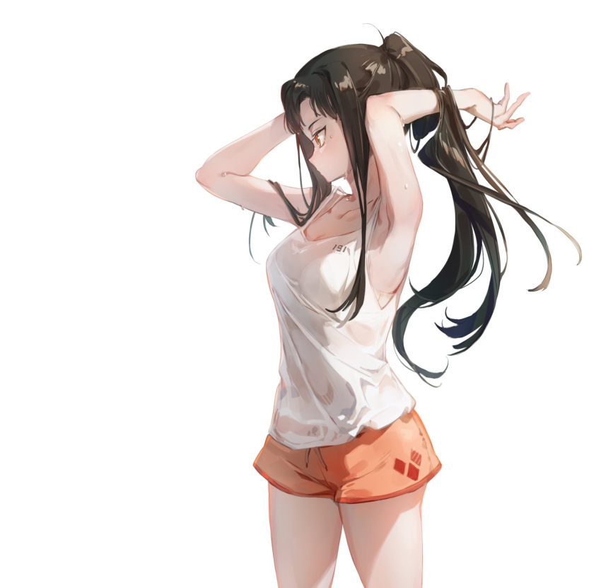 1girl adjusting_hair black_hair character_request girls_frontline highres long_hair shuzi sitting solo white_background