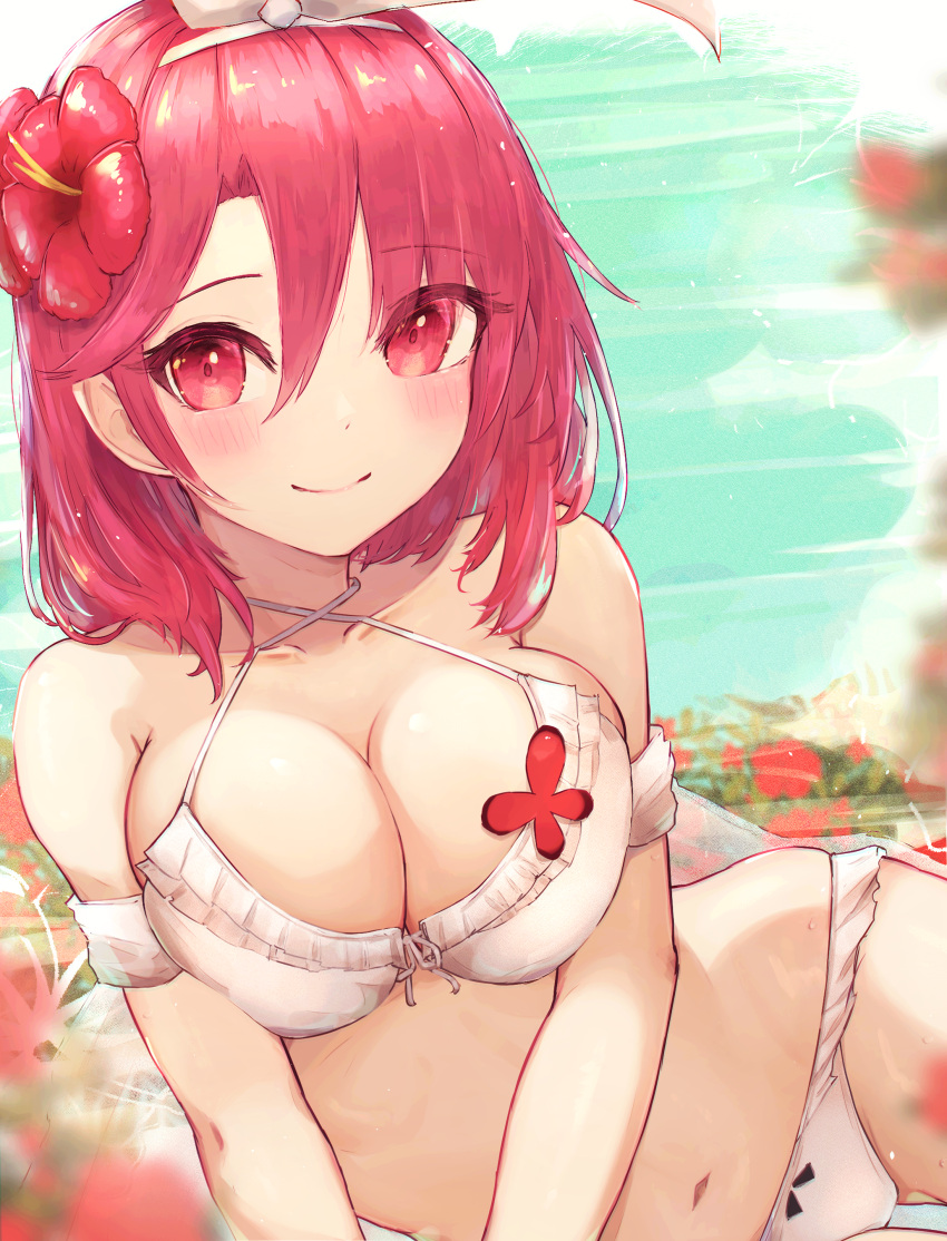 absurdres azur_lane bangs bare_shoulders bikini black_prince_(azur_lane) black_prince_(white_princess)_(azur_lane) bow bow_bikini bow_hairband breast_squeeze breasts closed_mouth collarbone commentary_request criss-cross_halter day eyebrows_visible_through_hair eyes_visible_through_hair flower front-tie_bikini front-tie_top hair_flower hair_ornament hair_over_one_eye hairband halterneck highres large_breasts looking_at_viewer lounging medium_hair navel ocean orchid outdoors pink_eyes pink_hair reizouko smile stomach sunlight swept_bangs swimsuit thigh_gap water white_bikini