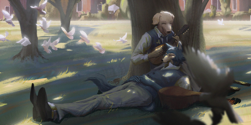 2boys ^_^ beastars bird black_footwear blue_necktie blue_vest blurry closed_eyes collared_shirt commentary crossed_legs depth_of_field dog_boy dove dress_shirt flock furry furry_male grey_pants happy highres holding holding_instrument instrument jack_(beastars) lap_pillow legoshi long_sleeves lute_(instrument) lying male_focus multiple_boys music necktie no_neckwear on_back on_ground outdoors own_hands_together pants playing_instrument popped_collar shade shirt shoe_soles shoes sitting sleeping tree under_tree vest white_shirt wolf_boy zzhenliu