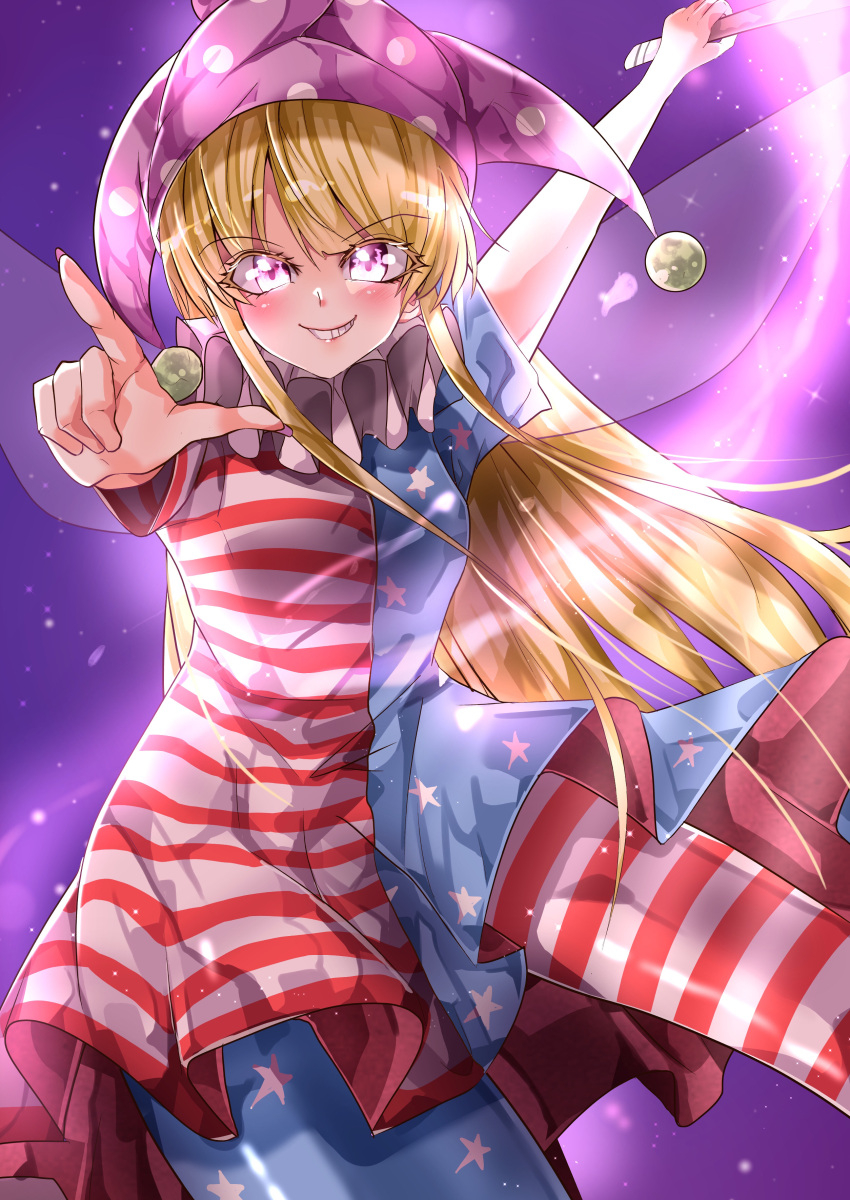1girl absurdres american_flag_dress american_flag_legwear arm_up blonde_hair breasts clownpiece commentary_request cowboy_shot eyebrows_visible_through_hair fairy_wings hat highres holding jester_cap long_hair looking_at_viewer maboroshi_mochi nail_polish neck_ruff pantyhose pink_eyes pointing pointing_at_viewer purple_background purple_headwear purple_nails shiny shiny_clothes shiny_legwear small_breasts solo striped striped_legwear teeth touhou very_long_hair wings