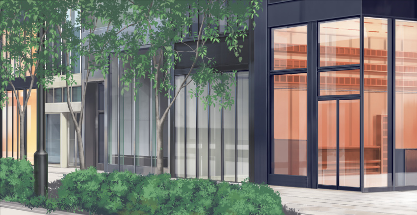 building bush cityscape commentary_request grass hakuurei_amano highres no_humans original outdoors scenery shop shopping_district tree utility_pole
