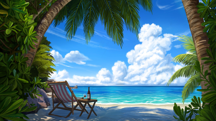 absurdres alcohol beach beer blue_sky bottle bush clouds commentary_request cup drinking_glass highres no_humans ocean original outdoors palm_tree plant prachinabana scenery shadow shore sky tree water