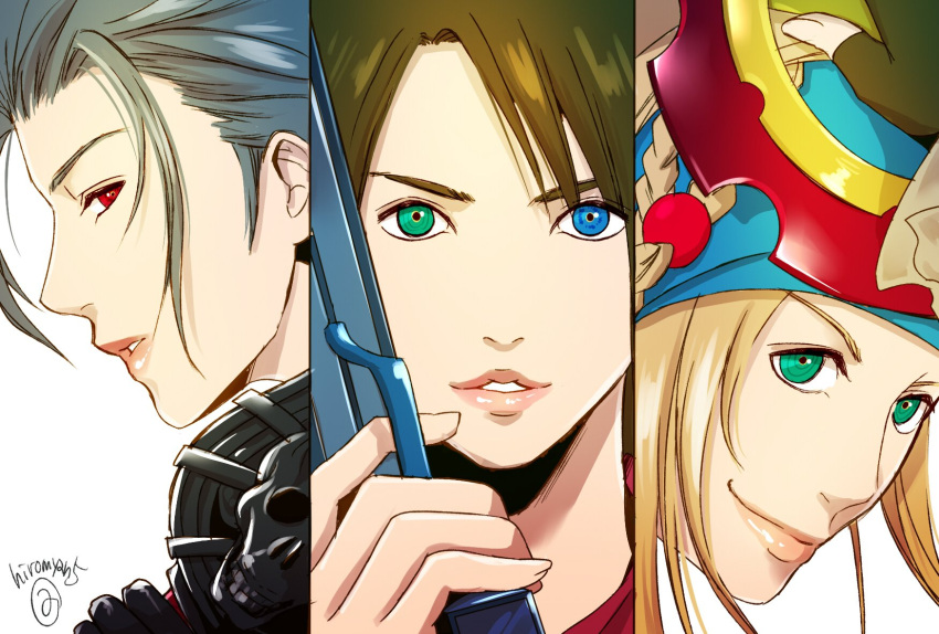 3girls blonde_hair blue_eyes blue_headband brown_hair closed_mouth final_fantasy final_fantasy_x final_fantasy_x-2 fingerless_gloves gloves green_eyes gun headband heterochromia highres hiromyan lips long_hair looking_at_viewer multiple_girls paine_(ff10) red_eyes rikku short_hair silver_hair simple_background smile weapon white_background yuna_(ff10)