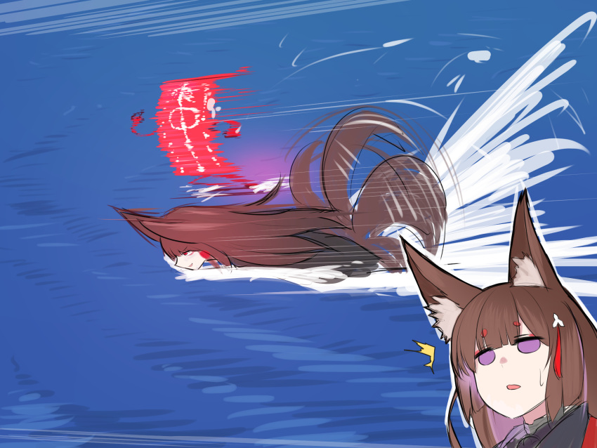 2girls afloat akagi_(azur_lane) akaoni_(zumt3548) amagi_(azur_lane) animal_ears azur_lane bangs blunt_bangs brown_hair commentary_request eyebrows_visible_through_hair eyeshadow flight_deck fox_ears fox_girl fox_tail hair_ornament highres japanese_clothes kyuubi long_hair looking_afar looking_away lying makeup multiple_girls multiple_tails ocean on_stomach red_eyes sidelocks surprised sweat tail thick_eyebrows violet_eyes