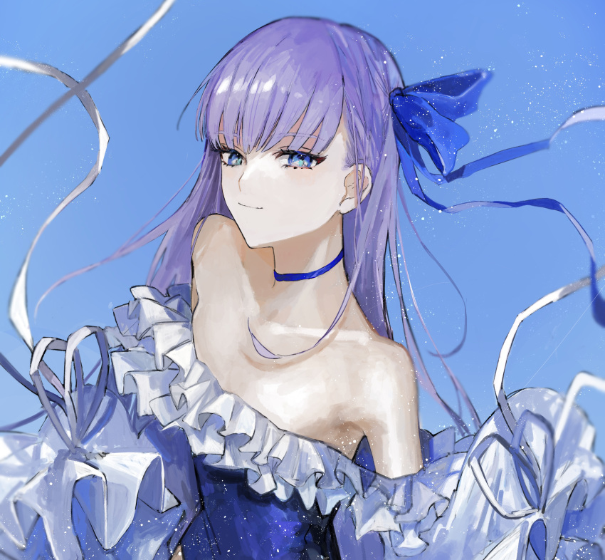 1girl absurdres bangs bare_shoulders blue_eyes blue_ribbon blush breasts choker collarbone fate/grand_order fate_(series) frills hair_ribbon highres long_hair long_sleeves looking_at_viewer meltryllis_(fate) meltryllis_(swimsuit_lancer)_(fate) off-shoulder_one-piece_swimsuit off_shoulder one-piece_swimsuit posu puffy_sleeves purple_hair ribbon sleeves_past_fingers sleeves_past_wrists small_breasts smile solo swimsuit very_long_hair white_ribbon