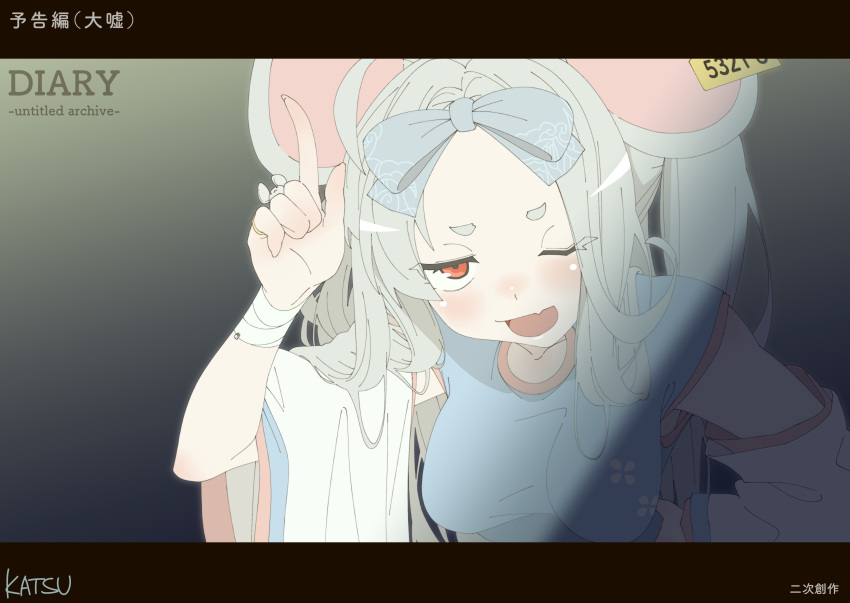 1girl absurdly_long_hair absurdres animal_ears bangs blue_archive chinese_clothes detached_sleeves ear_tag fang grey_hair highres index_finger_raised long_hair mouse_ears mouse_girl one_eye_closed red_eyes saya_(blue_archive) solo upper_body user_pcxw5824 very_long_hair