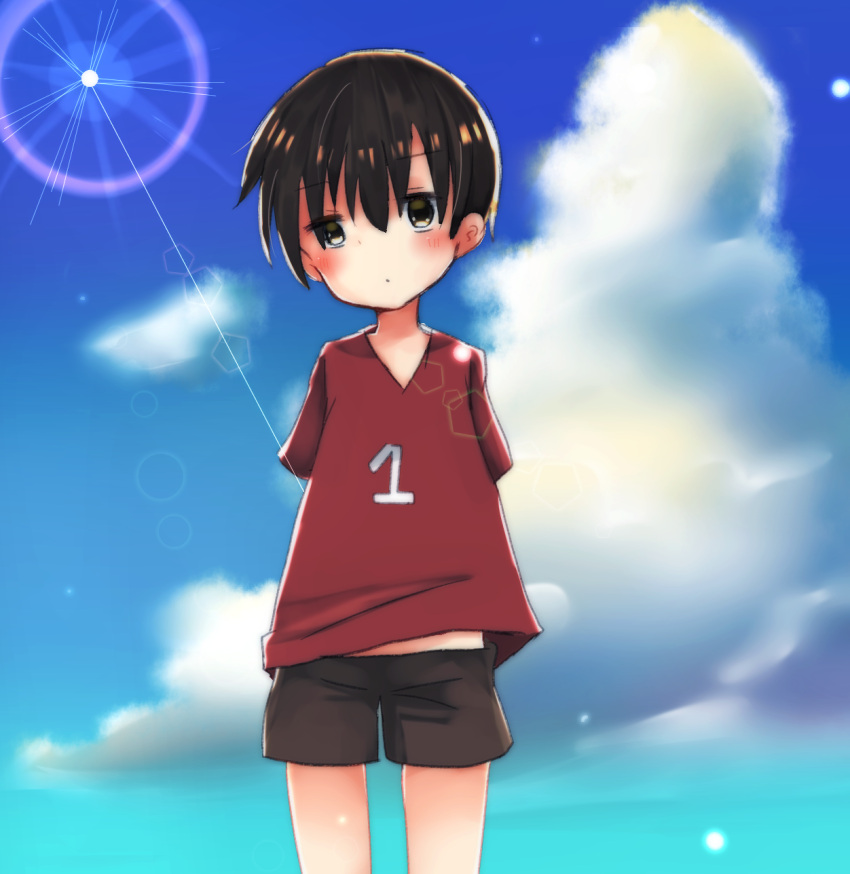 1boy animal_crossing black_shorts blush brown_hair child clouds eyebrows_visible_through_hair highres looking_at_viewer numbered red_shirt shirt short_hair shorts sky solo sunlight user_fmwc5838 v-neck villager_(animal_crossing)