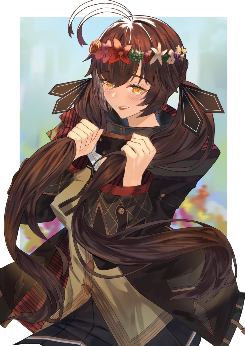 1girl absurdres antenna_hair blush brown_hair commission girls_frontline hair_ribbon highres holding holding_hair jacket lips long_hair looking_at_viewer m14_(girls'_frontline) open_mouth pleated_skirt ribbon shiraki_art skirt smile solo twintails very_long_hair yellow_eyes