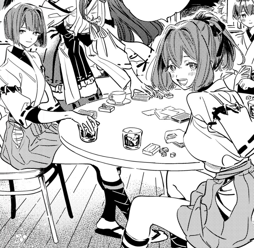 4girls card chair character_request commentary_request deco_(geigeki_honey) detached_sleeves drinking greyscale hyuuga_(kancolle) ise_(kancolle) kantai_collection kongou_(kancolle) long_hair monochrome multiple_girls nontraditional_miko playing_card ponytail short_hair sitting skin_tight table