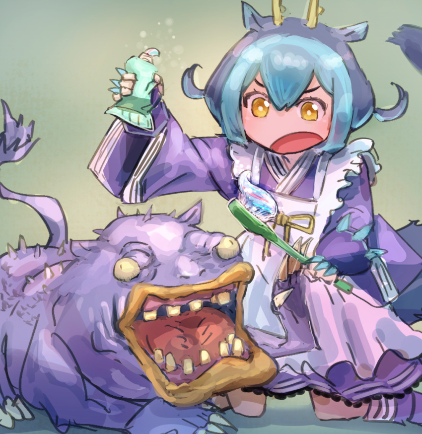 1girl apron blue_hair dragon_girl dragon_horns dragon_tail dress duel_monster frilled_apron frills hatano_kiyoshi holding holding_toothbrush horns kneeling laundry_dragonmaid long_sleeves maid_apron monster multicolored_hair ooguchi open_mouth purple_dress short_hair tail teeth toothbrush toothpaste tube two-tone_hair vambraces wall-eyed wide_sleeves yu-gi-oh!