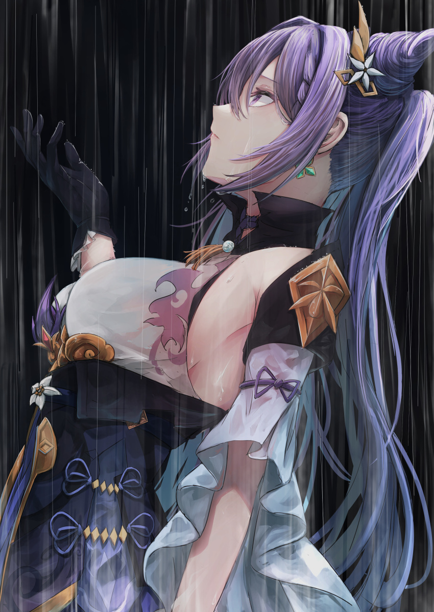1girl absurdres bare_shoulders black_background black_gloves breasts double_bun dress earrings frilled_sleeves frills from_behind from_side genshin_impact gloves hair_bun hair_ornament hairclip hand_up highres jewelry keqing_(genshin_impact) medium_breasts purple_hair rain sideboob simple_background violet_eyes yagi_(yagi5art)