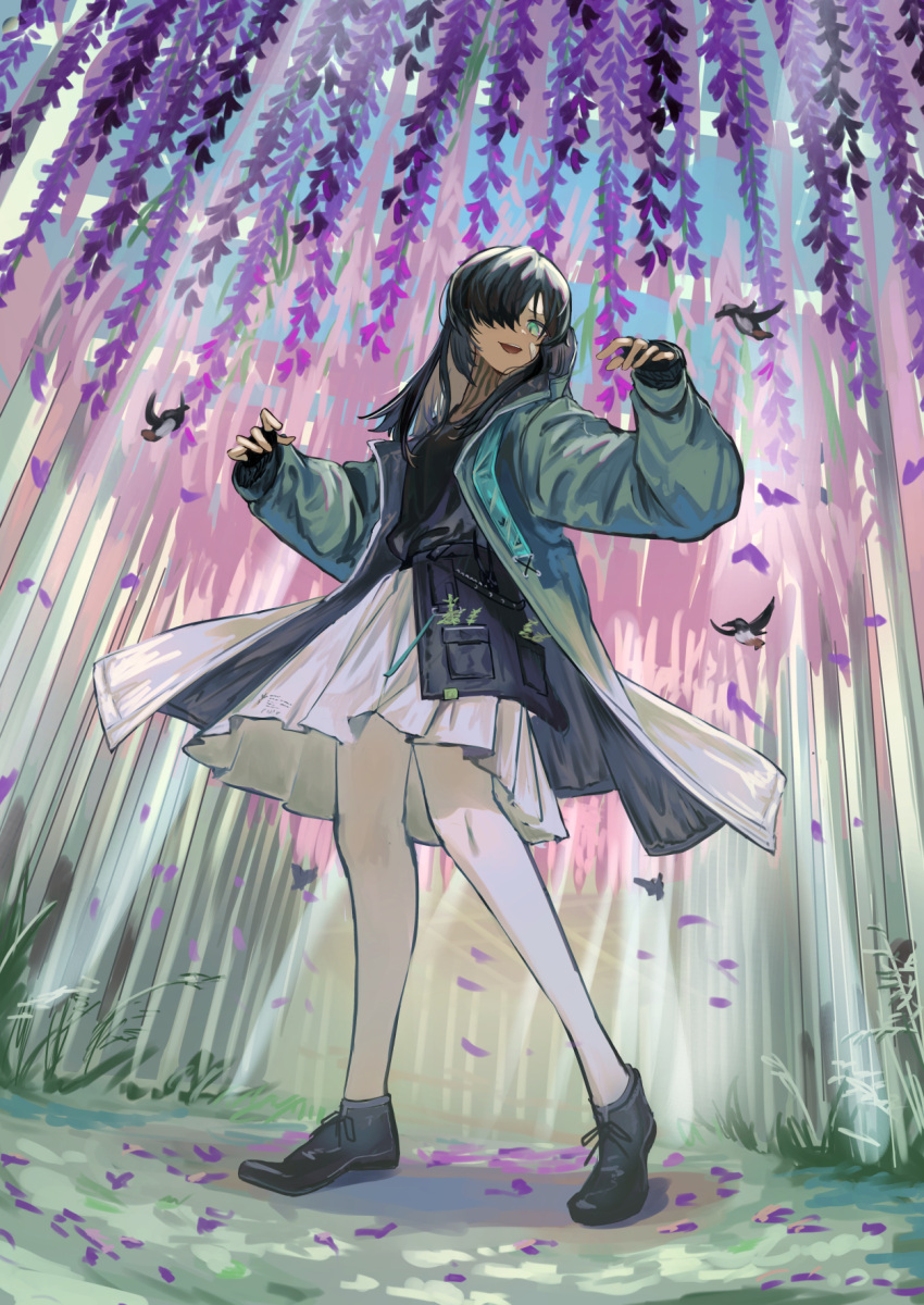 1girl :d arknights bandaid bandaid_on_face bird black_footwear black_gloves black_hair black_shirt coat dark-skinned_female dark_skin fingerless_gloves flint_(arknights) flint_(gorgeous_summer_flowers)_(arknights) flower full_body gloves green_coat green_eyes hair_over_one_eye highres hummingbird long_hair long_sleeves medium_skirt natsuba002 official_alternate_costume open_clothes open_coat open_mouth pantyhose petals pleated_skirt shirt shoes skirt smile solo standing white_legwear white_skirt wisteria