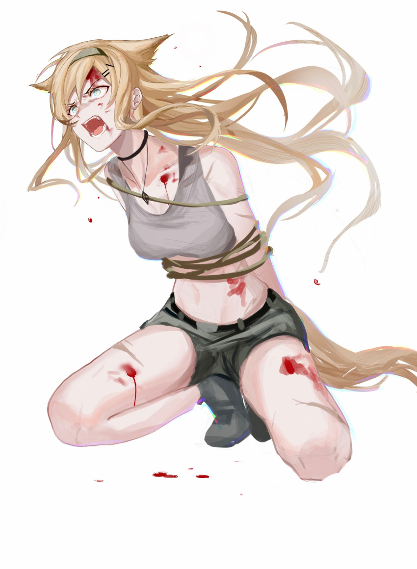 1girl absurdres animal_ears arknights arms_behind_back bare_arms bare_shoulders black_choker blonde_hair blood blood_on_face blue_eyes bound breasts chinese_commentary choker commentary_request floating_hair grey_footwear grey_hairband grey_shorts grey_tank_top hairband highres horn_(arknights) jewelry long_hair medium_breasts midriff navel open_mouth pendant restrained rope seiza shoes short_shorts shorts simple_background sitting solo stomach tank_top thighs tied_up_(nonsexual) white_background wolf_ears zuo_daoxing