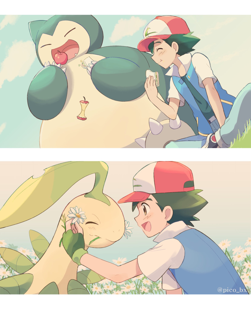 1boy :d :t apple apple_core ash_ketchum bangs bayleef belt_buckle blush brown_eyes buckle closed_mouth clouds day eating fingerless_gloves flower food fruit gloves grass green_gloves green_hair hat highres holding holding_flower holding_food jacket male_focus mei_(maysroom) open_mouth outdoors pants pokemon pokemon_(anime) pokemon_(classic_anime) pokemon_(creature) sandwich shirt shoes short_hair short_sleeves sitting sky smile snorlax tongue twitter_username white_flower