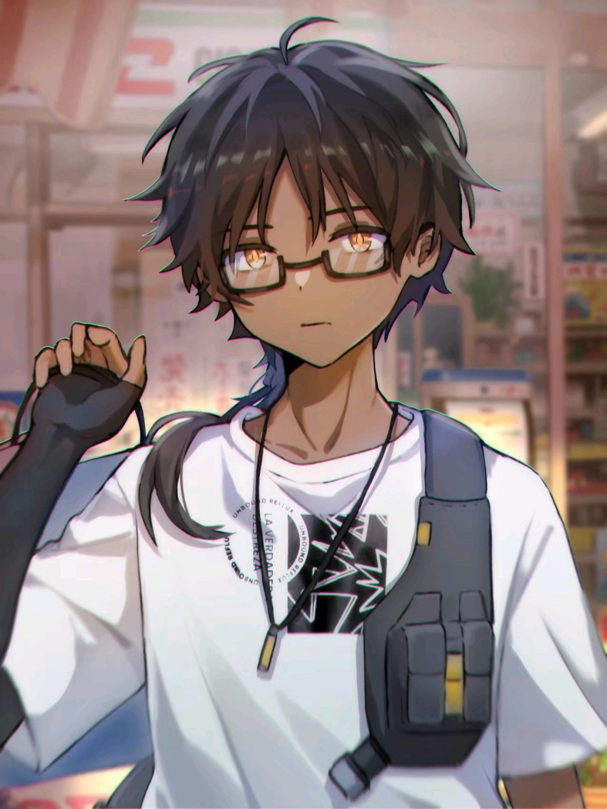 1boy arknights bag bangs black-framed_eyewear black_gloves brown_hair closed_mouth dark-skinned_male dark_skin elbow_gloves fingerless_gloves glasses gloves hair_over_shoulder highres holding holding_bag indoors jewelry long_hair looking_at_viewer low_ponytail male_focus necklace official_alternate_costume orange_eyes semi-rimless_eyewear shirt shopping_bag short_sleeves single_glove solo thorns_(arknights) under-rim_eyewear white_shirt xiebaowang