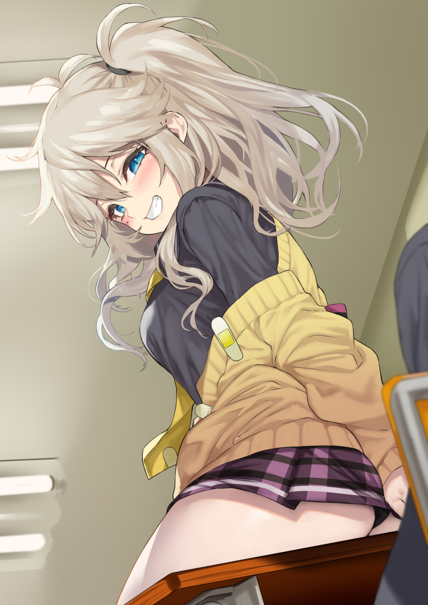 1girl 1other ass bangs black_panties black_shirt blue_eyes blush brown_cardigan brown_hair cardigan chair commentary_request desk eyebrows_visible_through_hair from_below grin hair_between_eyes highres indoors kasukabe_tsumugi long_hair looking_at_viewer looking_back off_shoulder on_desk panties plaid plaid_skirt pleated_skirt purple_skirt school_chair school_desk school_uniform shirt sitting skirt smile solo_focus two_side_up underwear voiceroid yappen