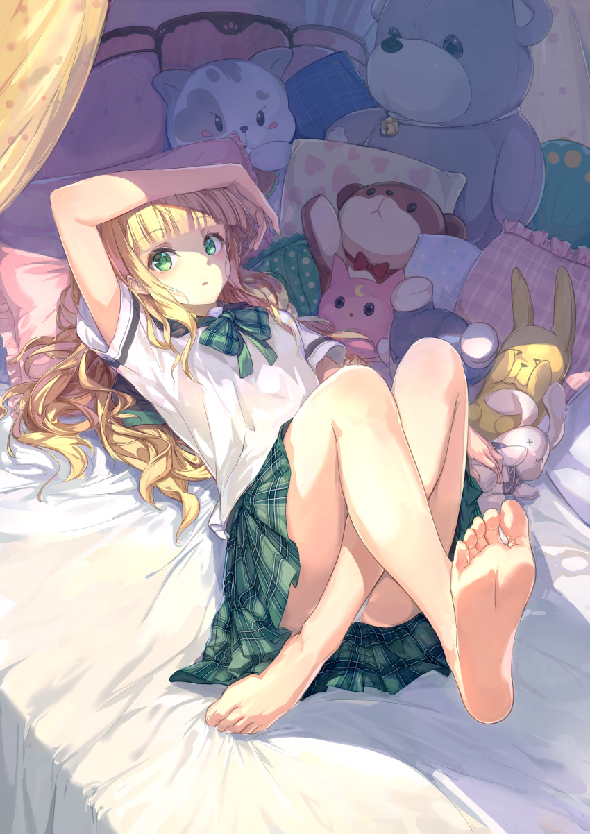 1girl absurdres arm_up ass bangs barefoot bedroom blonde_hair blunt_bangs bow bowtie crossed_ankles feet foot_focus green_bow green_bowtie green_eyes green_skirt highres long_hair looking_at_viewer lying mochizuki_ao on_back on_bed original panties panty_peek parted_lips plaid plaid_skirt pleated_skirt school_uniform shirt short_sleeves skirt soles solo stuffed_toy thighs toes underwear upskirt white_panties white_shirt