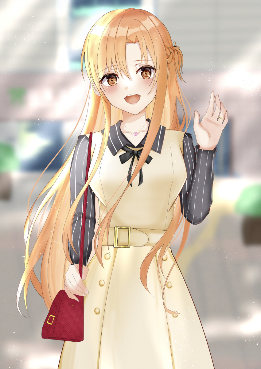 1girl absurdres alternate_costume asuna_(sao) bag belt belt_buckle blurry blurry_background blush braid brown_eyes brown_hair buckle casual depth_of_field eyebrows_visible_through_hair french_braid handbag heart_pendant highres jewelry long_hair necklace open_mouth outdoors solo sword_art_online syukuhuku_0 very_long_hair waving