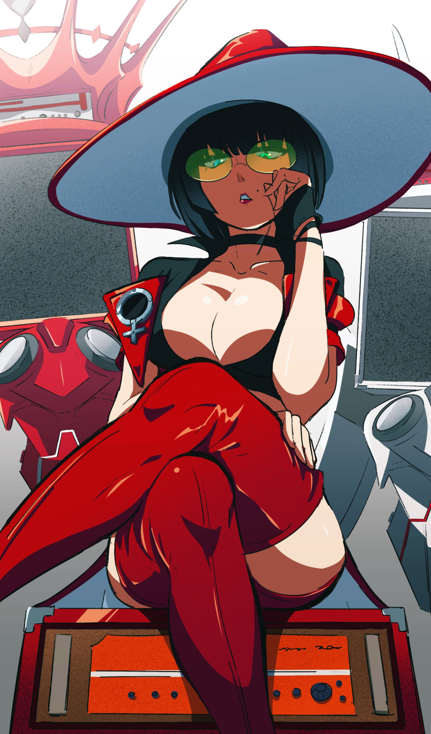 1girl absurdres arms_up bangs bbhdrrr black_choker black_hair blunt_bangs bustier choker collarbone crop_top cropped_jacket crossed_legs fingerless_gloves glasses gloves guilty_gear guilty_gear_strive hat highres i-no jacket looking_at_viewer looking_down medium_hair mole mole_above_mouth red_headwear red_jacket red_legwear short_sleeves sitting solo thigh-highs thighs tinted_eyewear venus_symbol witch_hat