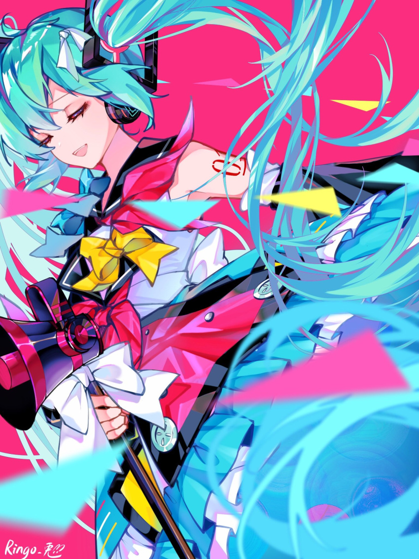 1girl :d absurdly_long_hair aqua_dress aqua_hair artist_name bare_shoulders blurry blurry_foreground bow buttons closed_eyes commentary confetti detached_sleeves dress dutch_angle eyebrows_visible_through_hair frilled_dress frills hair_between_eyes hair_ornament hair_ribbon hatsune_miku headphones highres holding long_hair long_sleeves magical_mirai_(vocaloid) microphone multicolored_hair number_tattoo open_mouth pink_background purple_hair ribbon simple_background smile solo streaked_hair tattoo teeth thick_eyelashes twintails upper_teeth usagi_3939 very_long_hair white_bow white_ribbon wide_sleeves yellow_bow