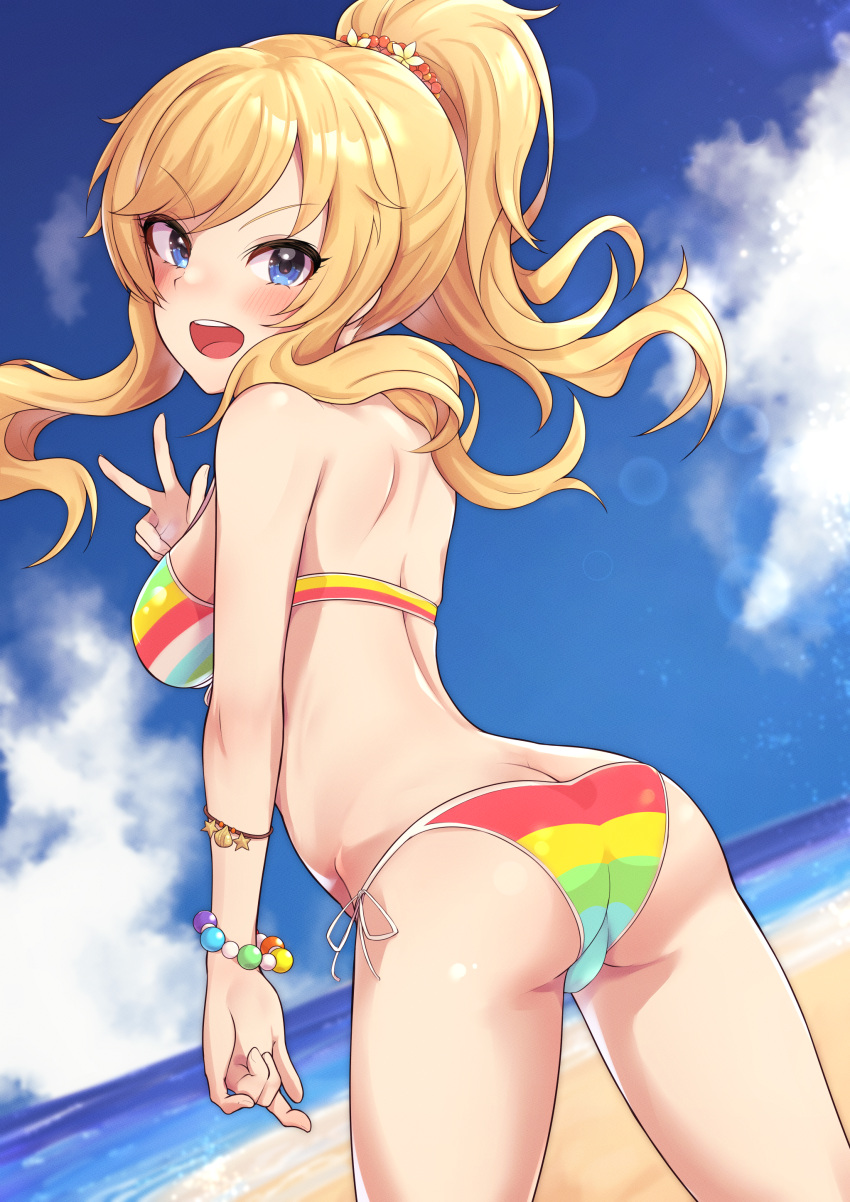 1girl :d absurdres ass bangs bare_shoulders beach bead_bracelet beads bikini blonde_hair blue_eyes blush bracelet breasts commentary_request cowboy_shot eyebrows_visible_through_hair from_behind hair_ornament highres idolmaster idolmaster_cinderella_girls jewelry large_breasts long_hair looking_back ocean ohtsuki_yui oops open_mouth outdoors ponytail shiny shiny_hair smile solo standing striped striped_bikini swimsuit teeth upper_teeth w