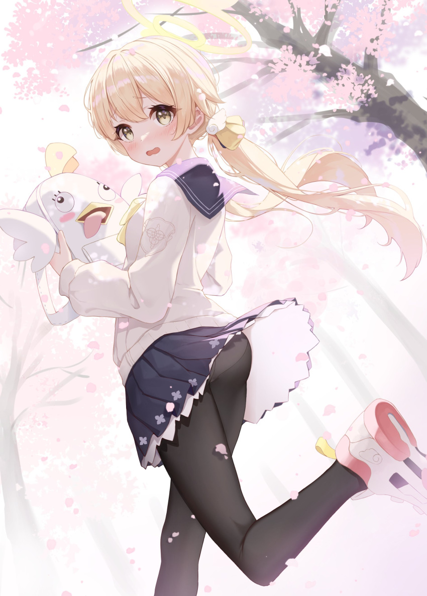 1girl bag blonde_hair blue_archive blush doll from_behind halo hifumi_(blue_archive) holding logo looking_at_viewer one_leg_raised peroro_(blue_archive) ponytail sakura_tree scenery shoes short_shorts solo solo_focus sweat tongue_out white_shirt yellow_eyes