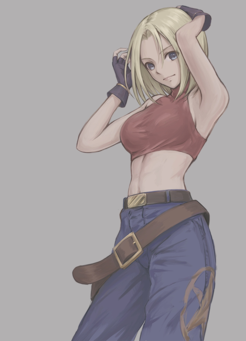 1girl absurdres arms_up bare_shoulders belt blonde_hair blue_eyes blue_gloves blue_mary blue_pants breasts brown_belt crop_top fingerless_gloves gloves highres large_breasts medium_hair muscular muscular_female navel pants red_tank_top sleeveless solo tank_top the_evanjer the_king_of_fighters the_king_of_fighters_xv tya_no_ki