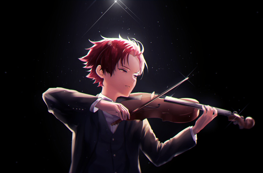1boy black_background collared_shirt formal highres instrument light light_rays long_sleeves looking_to_the_side male_focus music nyamnyam0502 paradox_live playing_instrument red_eyes redhead shirt solo sugasano_allen suit violin