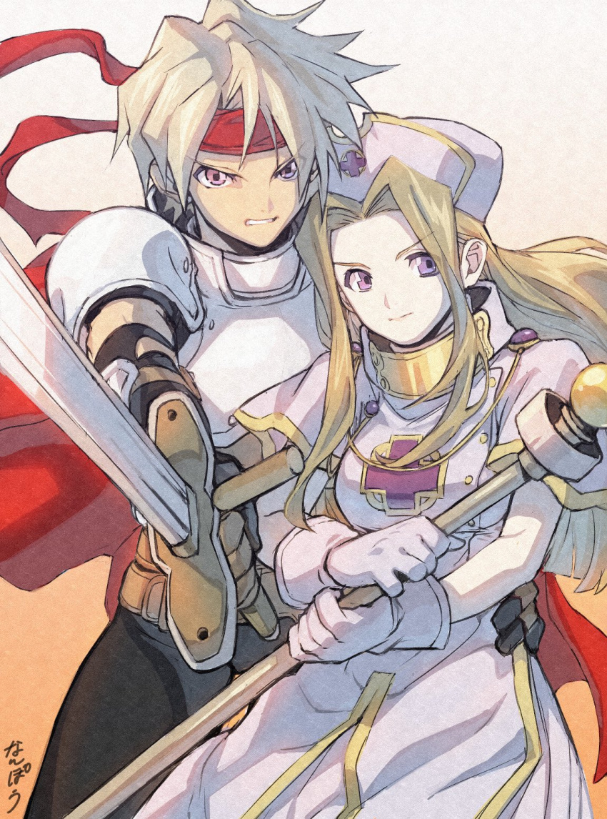1boy 1girl armor bangs blonde_hair cape clenched_teeth cress_albane gloves hand_on_another's_waist hat headband highres holding holding_sword holding_weapon long_hair mage_staff mint_adenade nanpou_(nanpou0021) nurse_cap parted_bangs pink_eyes red_cape red_headband short_sleeves shoulder_armor sidelocks staff sword tales_of_(series) tales_of_phantasia teeth violet_eyes weapon