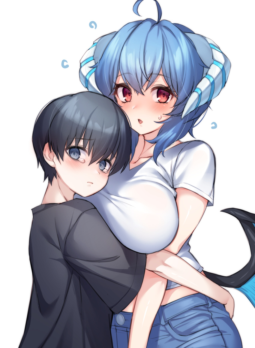 1boy 1girl absurdres age_difference ahoge bangs black_eyes black_hair black_shirt blue_hair blush breast_press breasts collarbone commentary_request denim eyebrows_visible_through_hair highres horns hug jeans jingo large_breasts looking_at_viewer low_wings onee-shota original pants red_eyes shirt short_hair short_sleeves simple_background sweat upper_body vrchat white_background white_shirt wings