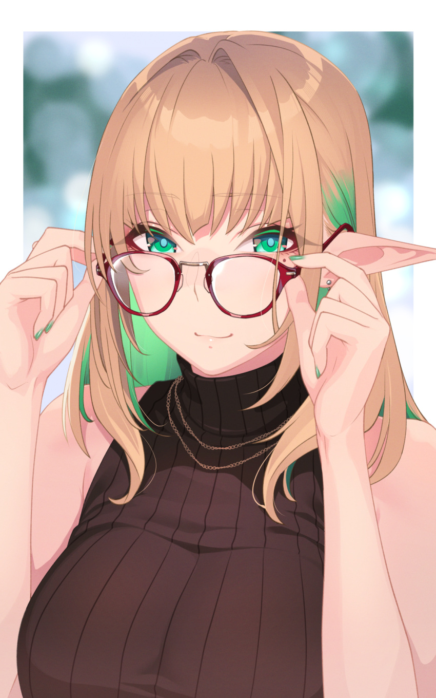 1girl bangs bare_arms bare_shoulders black_sweater blonde_hair blurry blurry_background breasts commentary_request earrings eyebrows_visible_through_hair eyes_visible_through_hair glasses green_eyes green_hair green_nails hand_on_eyewear highres hikichi_sakuya jewelry large_breasts long_hair mole mole_under_eye multicolored_hair nail_polish necklace original pointy_ears portrait red-framed_eyewear ribbed_sweater smile solo sweater turtleneck turtleneck_sweater
