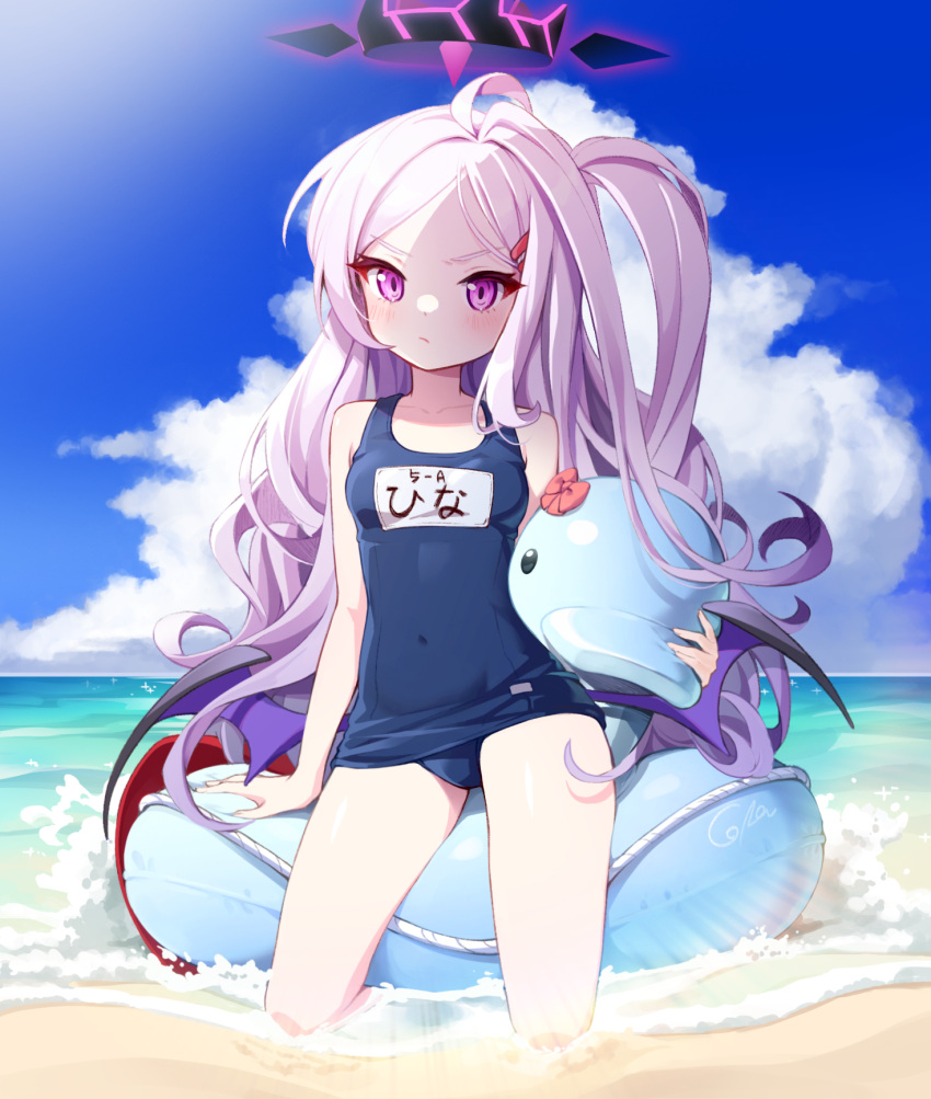 1girl ahoge bangs bare_arms bare_shoulders beach blue_archive blue_sky blue_swimsuit breasts closed_mouth clouds commentary_request covered_navel day eyebrows_visible_through_hair hair_ornament hairclip halo highres hina_(blue_archive) hina_(swimsuit)_(blue_archive) horizon innertube kneeling konbu_(hida123) long_hair looking_at_viewer low_wings name_tag ocean old_school_swimsuit one-piece_swimsuit one_side_up outdoors parted_bangs purple_hair purple_wings sand school_swimsuit sky small_breasts solo swimsuit v-shaped_eyebrows very_long_hair violet_eyes water wings
