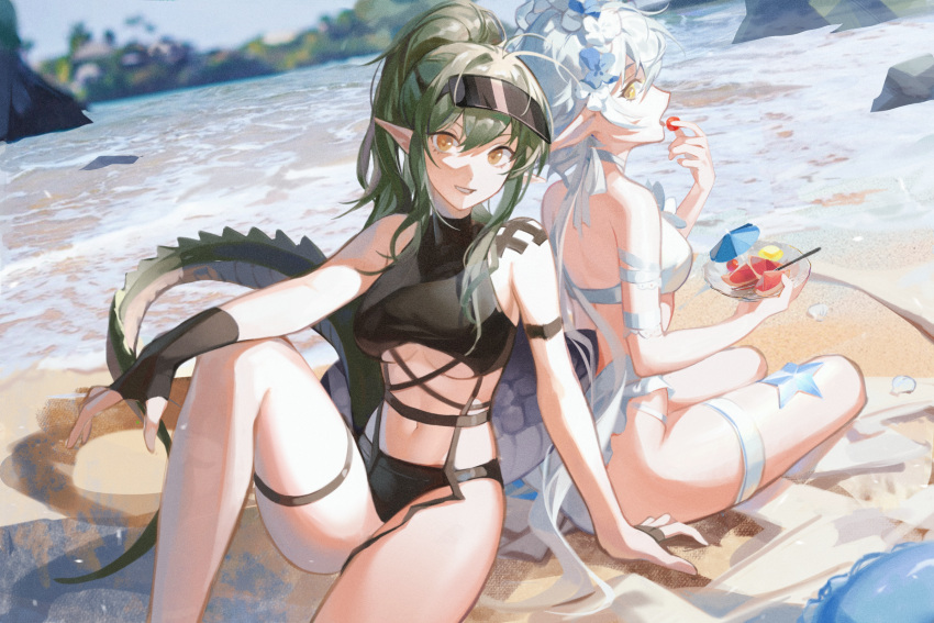 2girls arknights arm_strap bare_shoulders beach black_gloves black_headwear black_swimsuit breasts casual_one-piece_swimsuit crocodilian_tail day eating feet_out_of_frame fingerless_gloves flower food gavial_(arknights) ginnnn- gloves green_hair hair_flower hair_ornament highres holding holding_food knee_up long_hair looking_at_viewer medium_breasts multiple_girls navel official_alternate_costume on_ground one-piece_swimsuit open_mouth orange_eyes outdoors parted_lips pointy_ears ponytail silver_hair single_glove sitting smile starfish stomach swimsuit tail thigh_strap tomimi_(arknights) tomimi_(silent_night)_(arknights) under_boob very_long_hair visor_cap water white_flower white_swimsuit