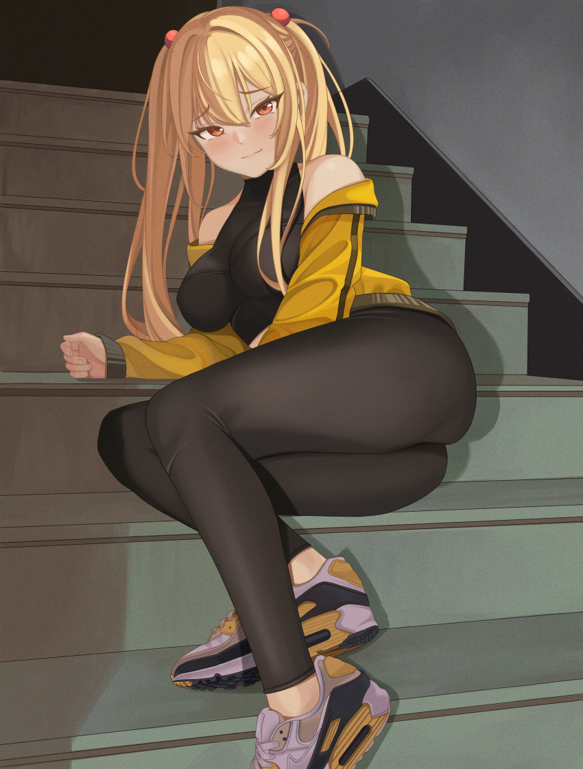 1girl absurdres air_max arm_support bangs bare_shoulders black_pants black_shirt blonde_hair blush borrowed_character breasts foot_out_of_frame hair_bobbles hair_ornament highres jacket large_breasts leggings legs light_smile long_hair long_sleeves looking_at_viewer nike no_socks off_shoulder open_clothes open_jacket orange_eyes original pants quatthro sayuri_(k_pring) shirt shoes sitting sitting_on_stairs sleeveless sleeveless_shirt smile sneakers solo stairs tight tight_pants twintails yellow_jacket yoga_pants