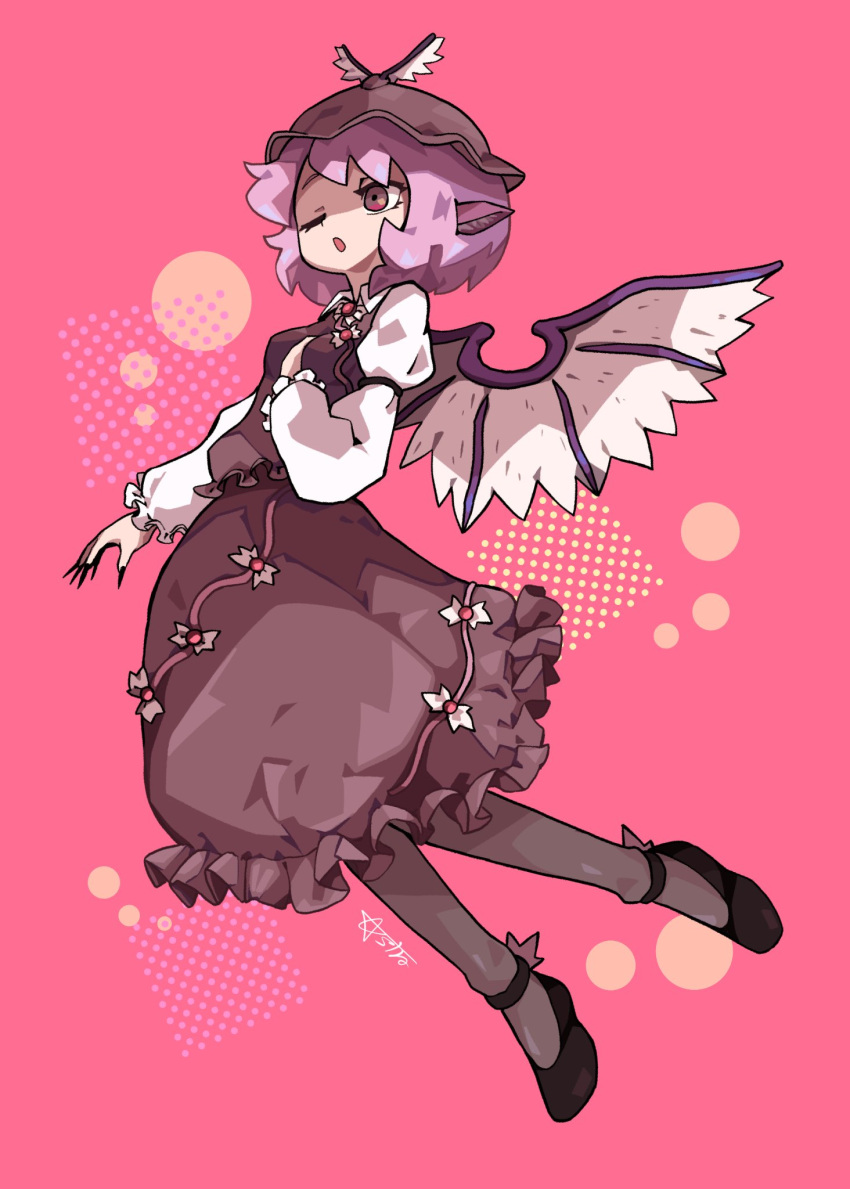 1girl animal_ears asutoro_(s--t) bangs bird_ears bird_wings black_footwear bow breasts brown_eyes brown_headwear brown_legwear brown_skirt brown_vest commentary_request feathered_wings fingernails frilled_skirt frilled_sleeves frilled_vest frills full_body hat highres juliet_sleeves long_fingernails long_sleeves mob_cap mystia_lorelei one_eye_closed open_mouth pantyhose pink_background pink_bow pink_hair puffy_sleeves shirt short_hair skirt small_breasts touhou vest white_shirt white_wings winged_footwear winged_hat wings