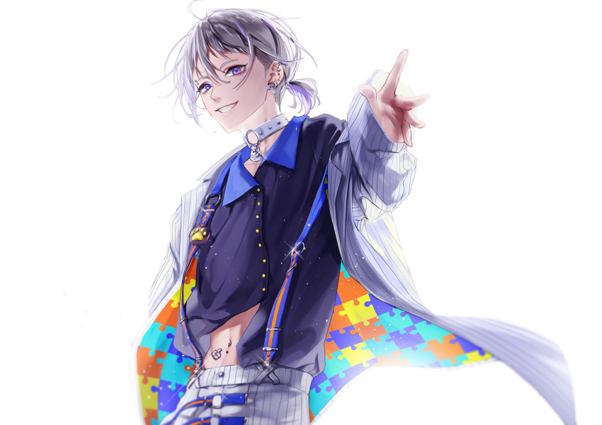1boy choker collar crop_top ear_piercing grey_hair hand_up highres long_sleeves looking_at_viewer male_focus multicolored_clothes natsume_ryu navel navel_piercing nyamnyam0502 paradox_live piercing ponytail reaching_out short_hair solo violet_eyes white_background