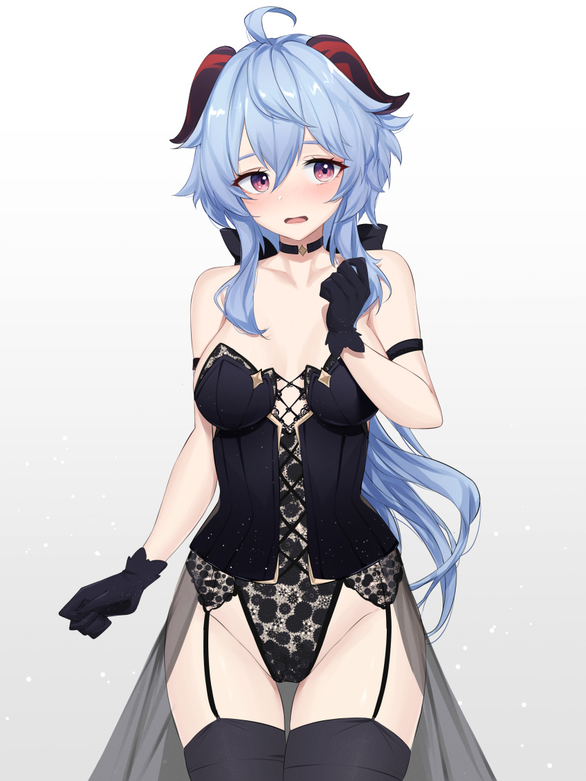 1girl absurdres arm_strap bare_shoulders black_choker black_gloves black_legwear blue_hair breasts choker corset cowboy_shot ganyu_(genshin_impact) garter_straps genshin_impact gloves goat_horns highres horns lingerie long_hair looking_at_viewer medium_breasts nightgown open_mouth red_eyes revision see-through solo sunny721 thigh-highs thighs underwear underwear_only