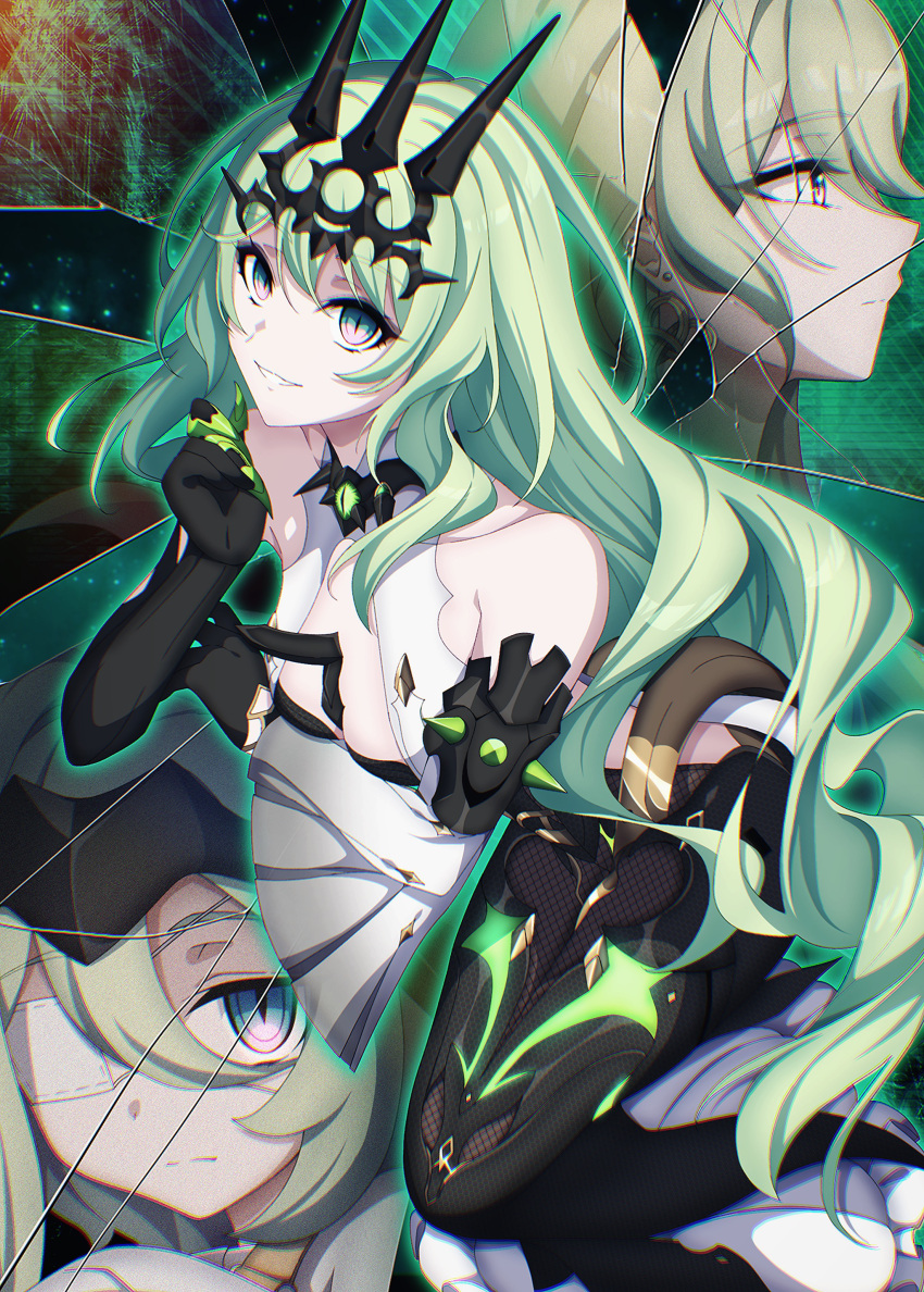 2girls absurdres asymmetrical_gloves bangs bare_shoulders black_dress chinese_wolfberry claw_ring closed_mouth crown dress dual_persona gloves green_eyes green_hair grin highres honkai_(series) honkai_impact_3rd klein_(honkai_impact) long_hair looking_at_viewer mismatched_gloves mobius_(honkai_impact) multiple_girls open_mouth shards single_sleeve sleeveless sleeveless_dress smile teeth