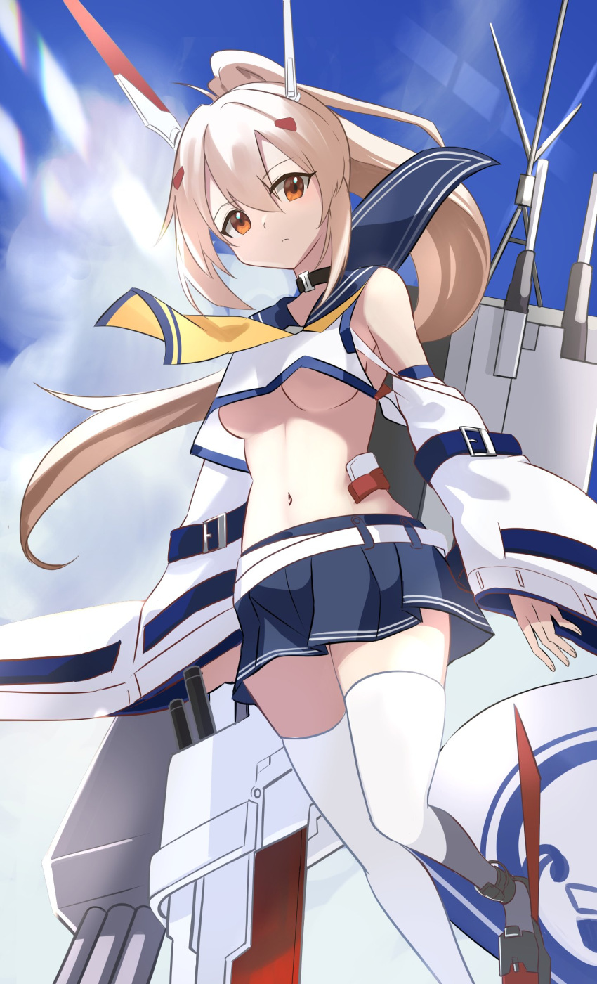 1girl ayanami_(azur_lane) azur_lane bare_shoulders belt blonde_hair blue_skirt blush breasts brown_eyes collar commentary_request crop_top day detached_sleeves expressionless hair_between_eyes headgear highres leg_up long_hair long_sleeves looking_at_viewer manjirou_(manji_illust) medium_breasts midriff miniskirt navel no_bra outdoors pleated_skirt ponytail red_eyes rigging skindentation skirt solo standing standing_on_one_leg thigh-highs turret under_boob very_long_hair white_belt white_legwear wide_sleeves