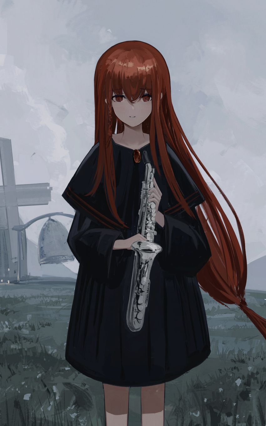 1girl absurdres amamizu_shizuku bangs bell black_capelet black_dress braid brown_eyes brown_hair capelet commentary_request dress eyebrows_visible_through_hair hair_between_eyes highres holding holding_instrument instrument long_hair long_sleeves looking_at_viewer low-tied_long_hair original outdoors overcast parted_lips saxophone smile solo very_long_hair wide_sleeves windmill