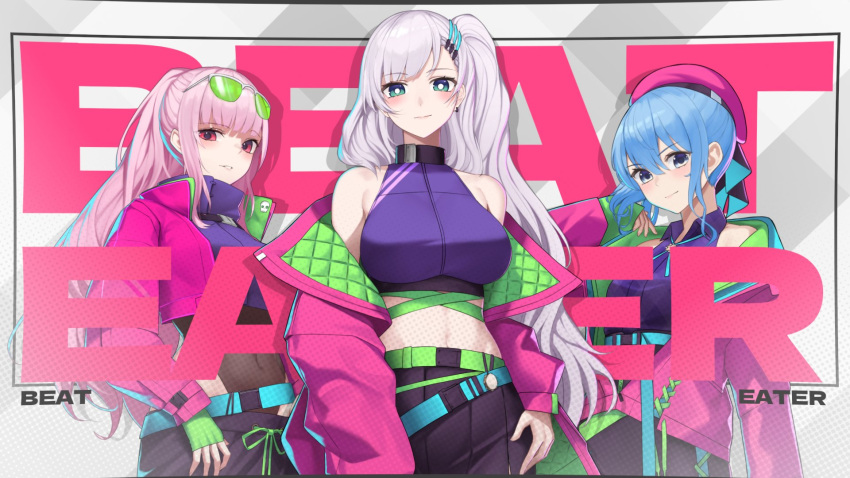 3girls aqua_belt aqua_eyes bangs bare_shoulders beat_eater_(vocaloid) belt beret black_leotard blue_eyes blue_hair blush breasts dhokidoki earrings english_commentary eyebrows_visible_through_hair eyewear_on_head hair_ornament hat highres hololive hololive_english hololive_indonesia hoshimachi_suisei jacket jewelry large_breasts leotard leotard_under_clothes long_hair long_sleeves looking_at_viewer midriff mori_calliope multiple_girls navel off_shoulder official_art open_clothes open_collar open_jacket pavolia_reine pink_eyes pink_hair pink_headwear pink_jacket second-party_source sidelocks silver_hair song_name virtual_youtuber wing_collar
