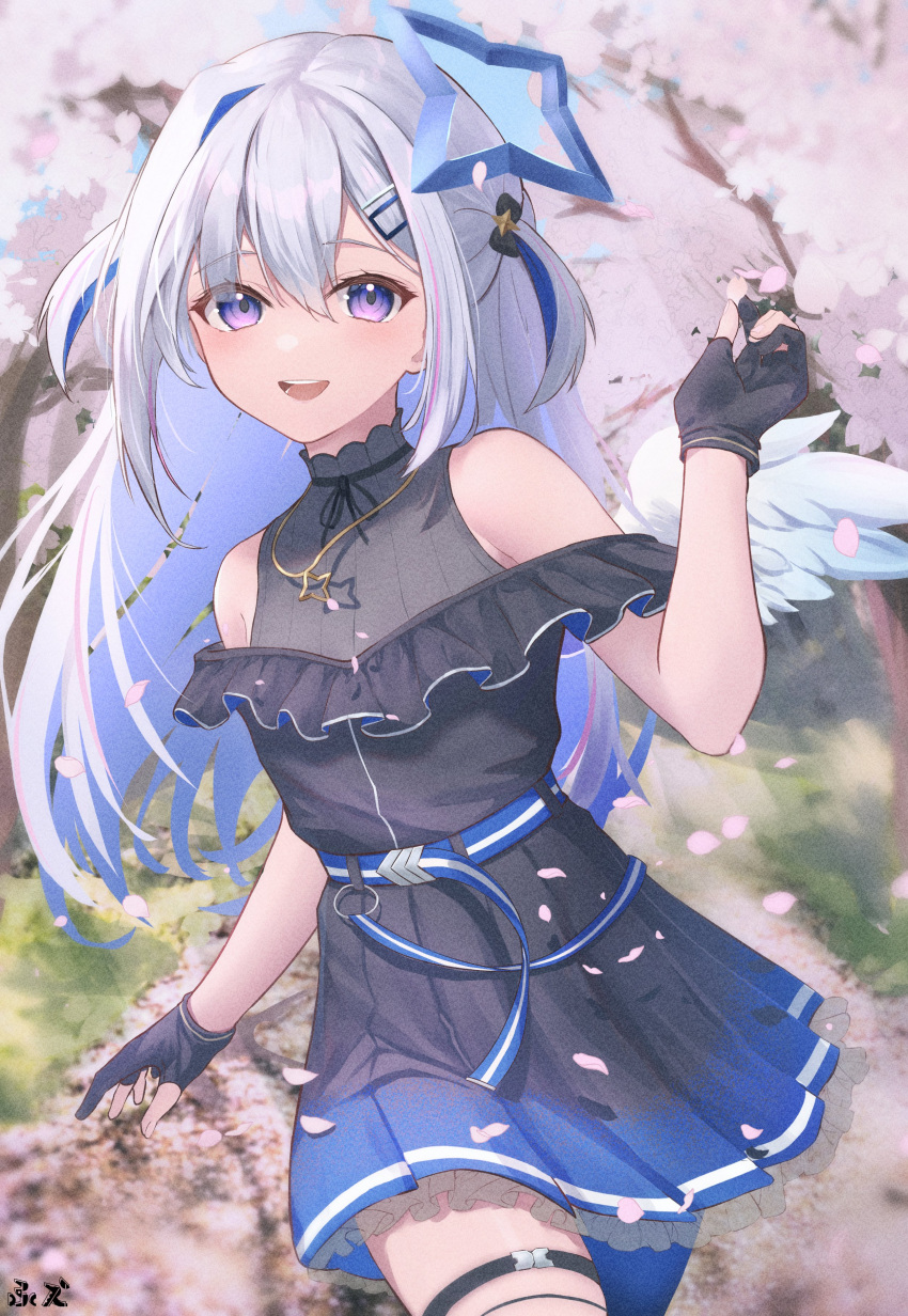 1girl absurdres amane_kanata belt blue_hair cherry_blossoms colored_inner_hair dress frills fue_(lars0713) gloves hair_ornament hairclip highres hololive long_hair multicolored_hair partially_fingerless_gloves petals silver_hair sleeveless smile solo thigh_strap two_side_up violet_eyes virtual_youtuber