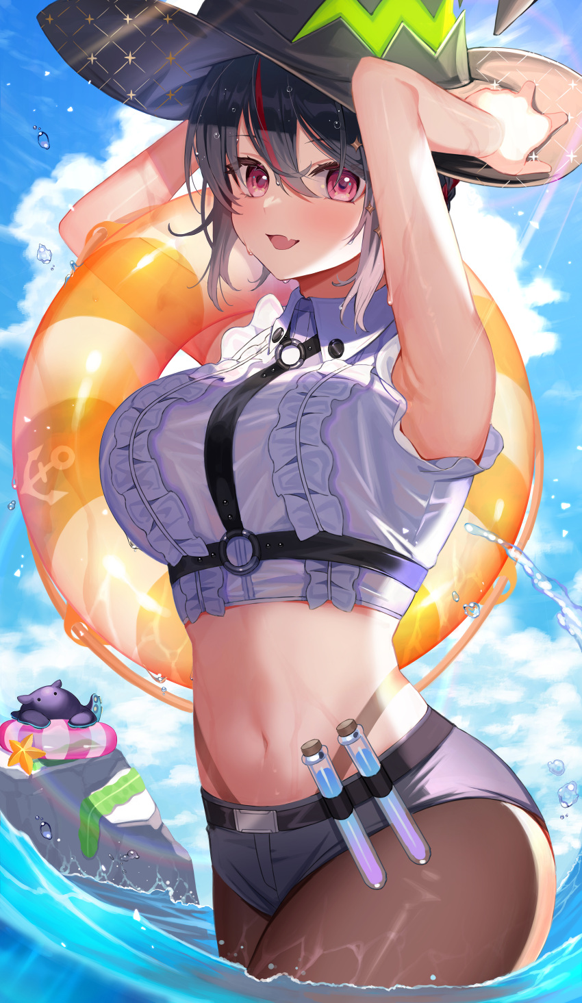 1girl :d absurdres amahara_subaru armpits arms_up bangs bare_arms belt black_belt black_hair blush breasts brown_legwear chest_harness clouds cloudy_sky collared_shirt crop_top day eyebrows_visible_through_hair fang frilled_shirt frills grey_shorts hair_between_eyes hair_ornament hands_on_headwear harness hat highres indie_virtual_youtuber isonade_orca large_breasts micro_shorts midriff multicolored_hair navel pantyhose red_eyes redhead revision shirt short_hair shorts skin_fang sky sleeveless sleeveless_shirt smile solo streaked_hair test_tube virtual_youtuber wading water wet wet_hair white_shirt witch_hat