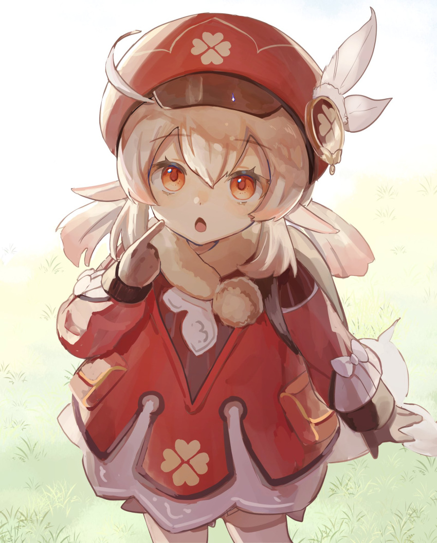 1girl :o ahoge backpack bag bangs blonde_hair brown_gloves clover dress four-leaf_clover genshin_impact gloves grass hat hat_feather highres klee_(genshin_impact) long_sleeves low_twintails parted_lips pointing pointing_at_self pointy_ears red_dress red_eyes red_headwear sidelocks solo twintails unacha