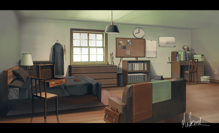 bag bed bedroom board book bookshelf cabinet clock collar couch day desk electric_plug electric_socket hakuurei_amano handbag highres indoors lamp letterboxed no_humans original red_collar scenery shadow suitcase table trash_can watermark window wooden_chair