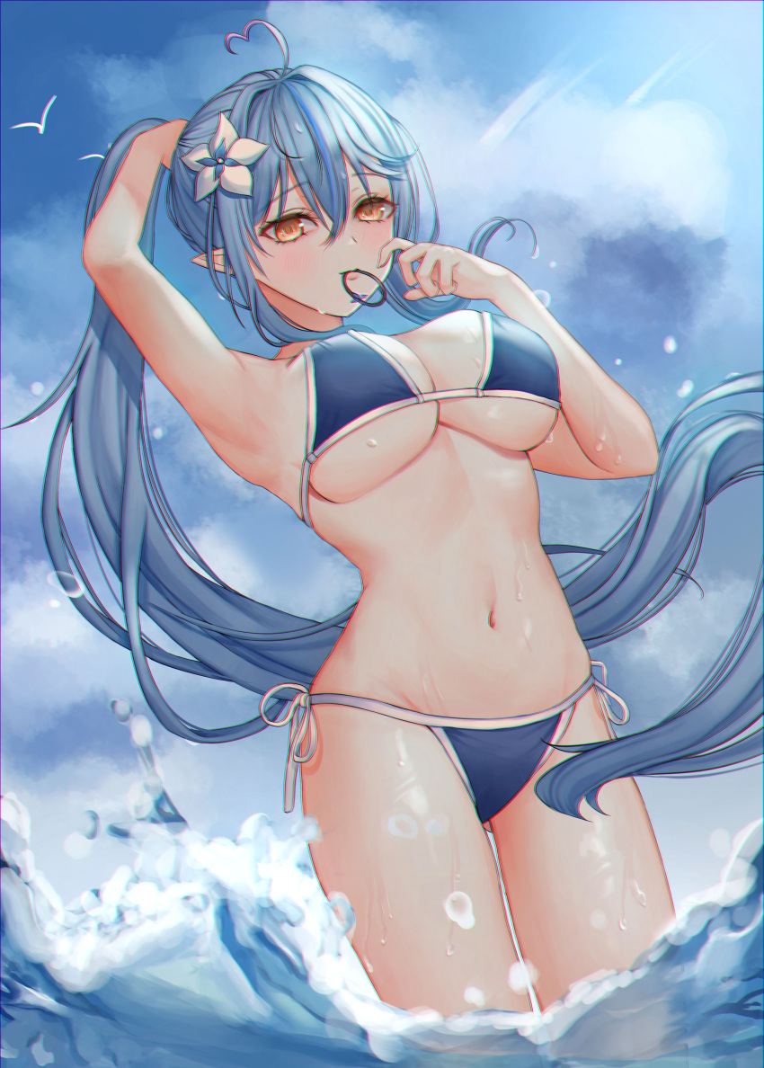 1girl absurdres ahoge alternate_costume bikini bird blue_bikini blue_hair blue_sky blush breasts choi2494 clouds cowboy_shot day dutch_angle floating_hair flower hair_flower hair_ornament hair_tie hair_tie_in_mouth heart_ahoge highres hololive large_breasts long_hair mouth_hold navel ocean outdoors pointy_ears ponytail side-tie_bikini sky solo stomach swimsuit tying_hair under_boob very_long_hair virtual_youtuber water water_drop waves wet white_flower yellow_eyes yukihana_lamy