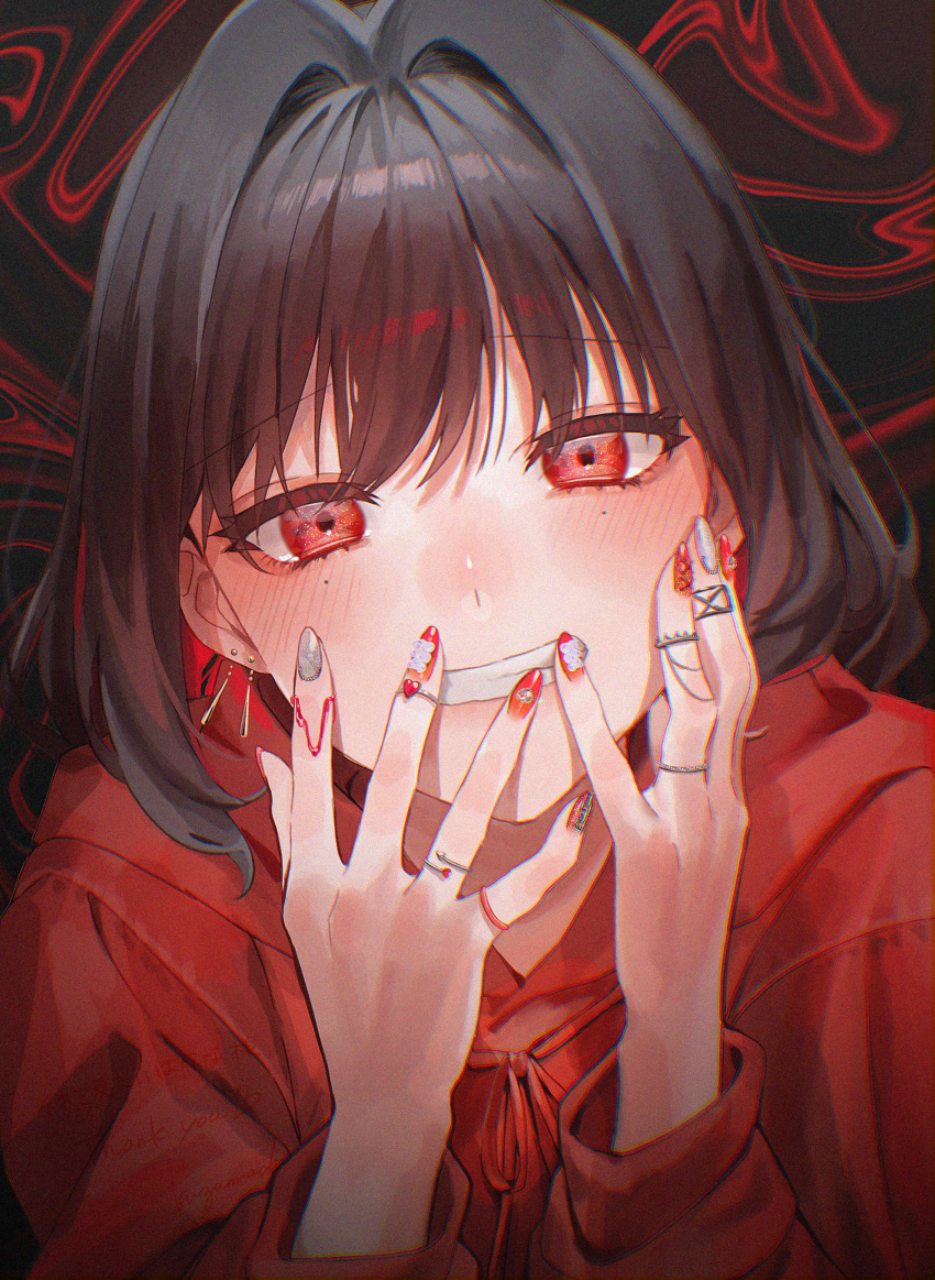 1girl absurdres bangs blush brown_hair clenched_teeth earrings eyebrows_visible_through_hair face hands_on_own_face hands_up highres hood hoodie jewelry long_sleeves looking_at_viewer mole mole_under_eye multiple_rings neck_ribbon original red_eyes red_hoodie red_ribbon ribbon ring short_hair sinomi solo teeth upper_body