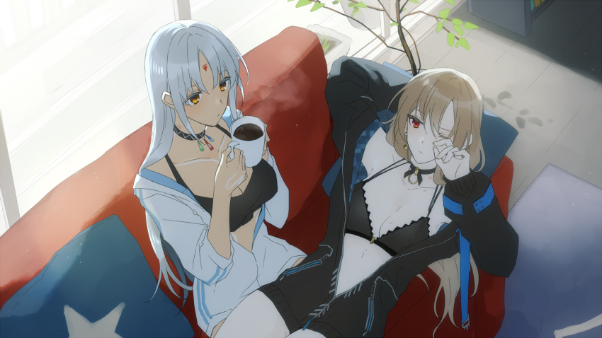 amazuki_jou azur_lane bangs bikini bikini_under_clothes black_bikini black_choker black_jacket breasts brown_hair choker closed_mouth coffee coffee_mug commentary_request couch cup dark-skinned_female dark_skin day earrings facial_mark forehead_mark highres holding holding_cup indoors jacket jean_bart_(azur_lane) jewelry light_frown long_hair long_sleeves looking_at_another lying massachusetts_(azur_lane) medium_breasts mug on_back on_couch on_lap orange_eyes partially_unzipped pillow red_eyes rubbing_eyes silver_hair sitting steam sunlight swimsuit white_jacket window
