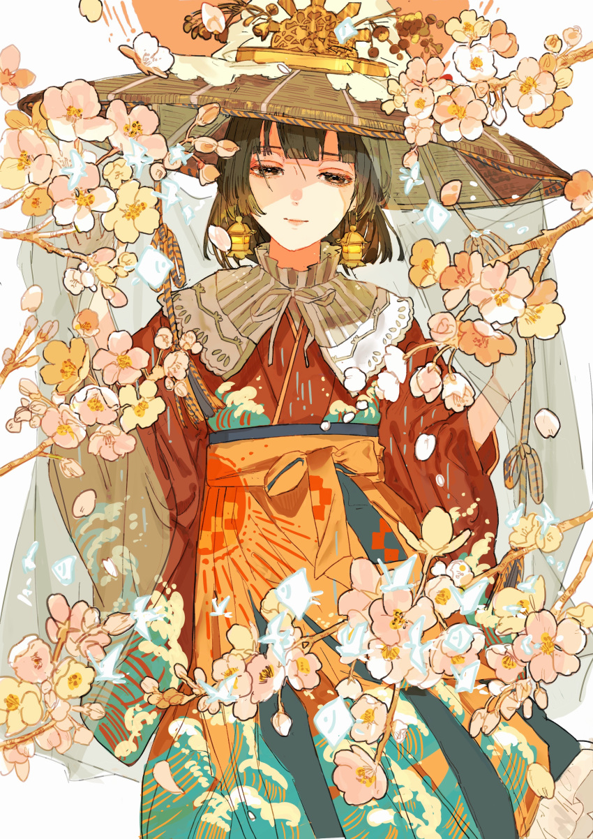 1girl absurdres bangs branch brown_eyes brown_hair brown_headwear cherry_blossoms closed_mouth commentary_request cowboy_shot earrings flower hakama hakama_skirt half-closed_eyes hands_up highres japanese_clothes jewelry kimono looking_at_viewer original pink_flower qooo003 red_kimono short_hair simple_background skirt solo white_background white_flower wide_sleeves yellow_flower