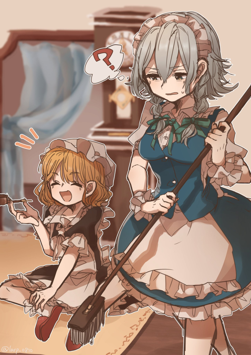 2girls :d ? ^_^ apron ascot back_bow black_dress blonde_hair blue_dress blue_skirt blue_vest bobby_socks bow braid cleaning_maid_(touhou) clock closed_eyes commentary_request dress frilled_apron frilled_skirt frills grandfather_clock green_ribbon grey_hair happy hat highres holding holding_pipe izayoi_sakuya laspberry. loafers maid maid_apron maid_day maid_headdress mob_cap multiple_girls open_mouth pipe portrait_of_exotic_girls puffy_short_sleeves puffy_sleeves red_footwear ribbon shoes short_sleeves sitting skirt smile socks spoken_question_mark touhou twin_braids vest waist_apron white_apron white_ascot white_bow white_headwear white_legwear